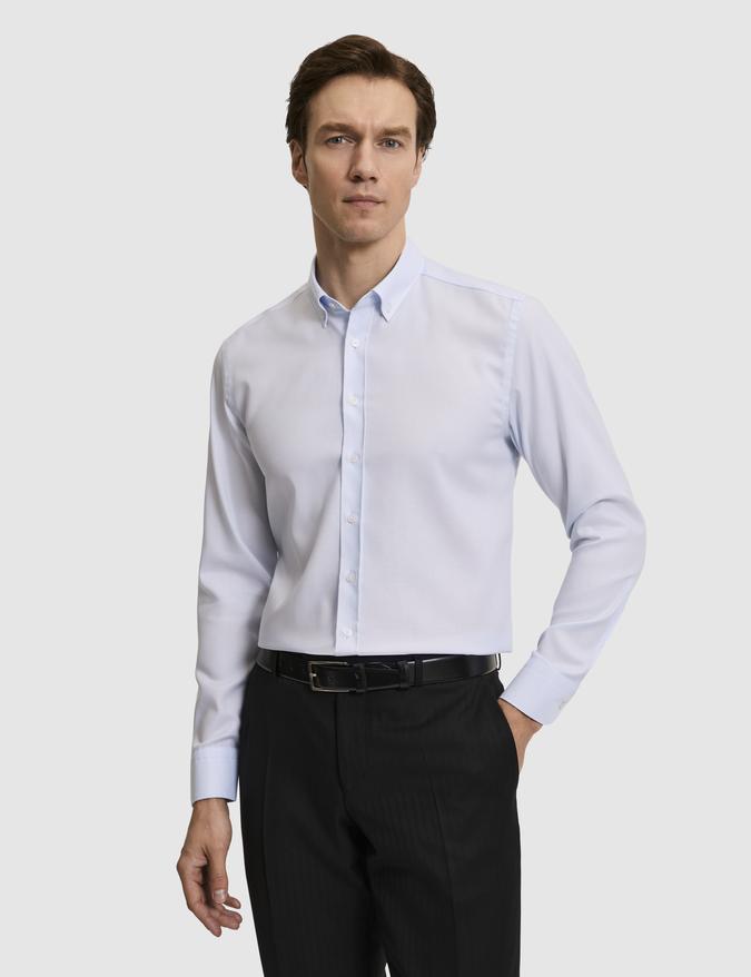 Açık Mavi Slim Fit %100 Pamuk Yakası Düğmeli Oxford Gömlek