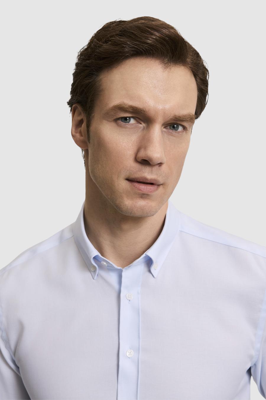 Açık Mavi Slim Fit %100 Pamuk Yakası Düğmeli Oxford Gömlek - 50325041027