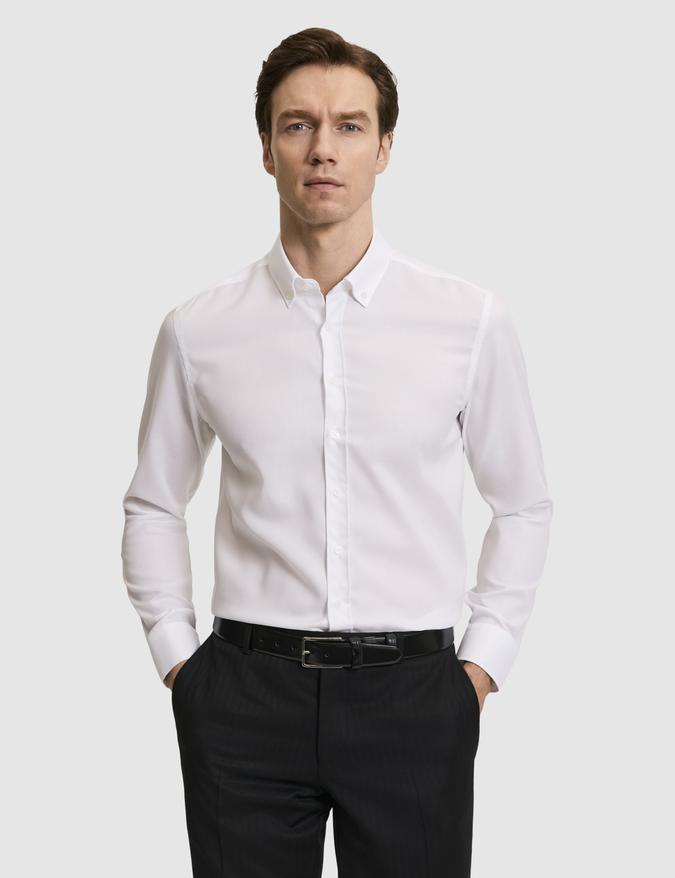 Beyaz Slim Fit %100 Pamuk Yakası Düğmeli Oxford Gömlek