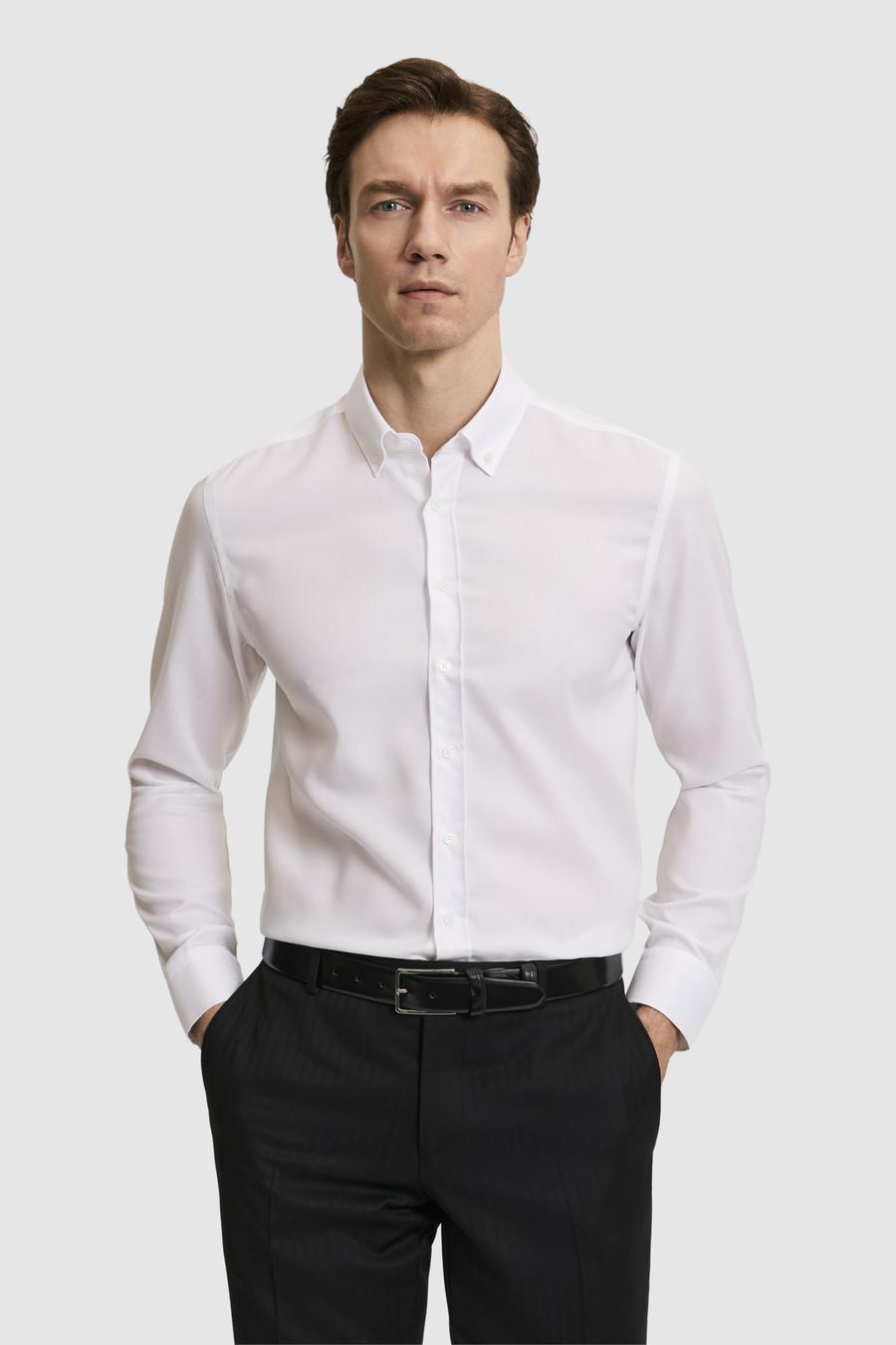Beyaz Slim Fit %100 Pamuk Yakası Düğmeli Oxford Gömlek - 50325041009