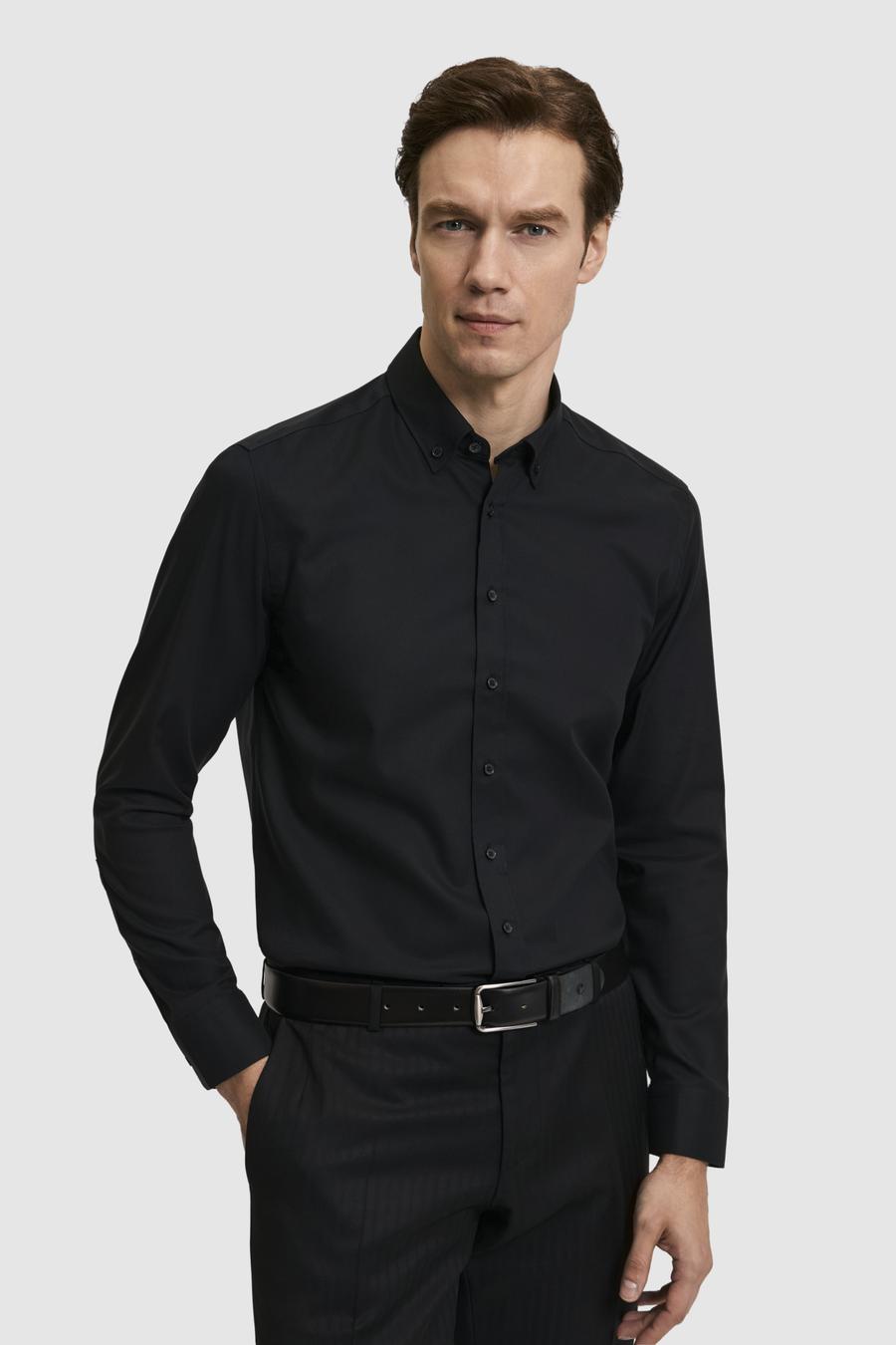 Siyah Slim Fit %100 Pamuk Yakası Düğmeli Oxford Gömlek - 50325041044