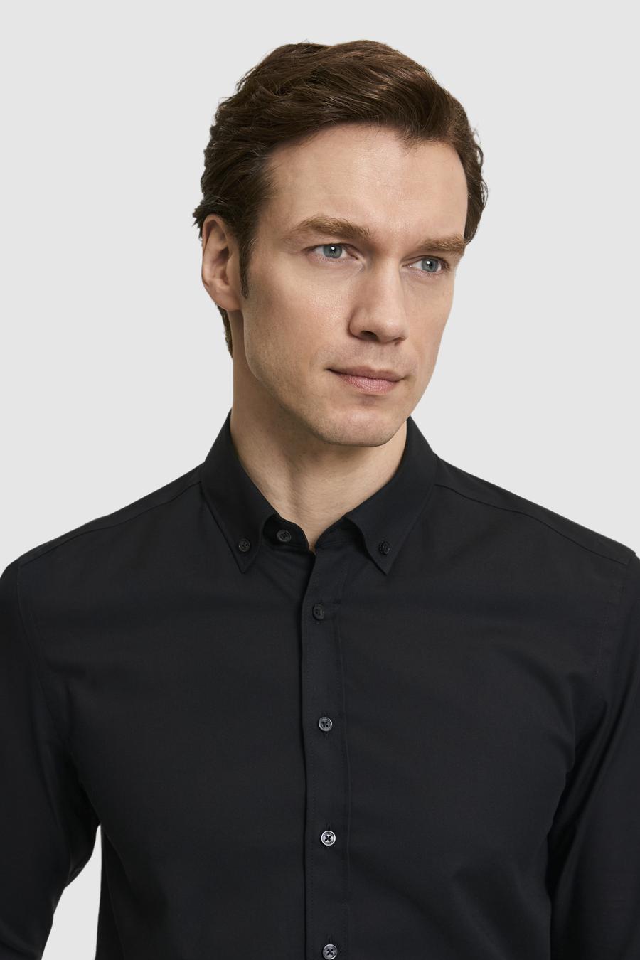 Siyah Slim Fit %100 Pamuk Yakası Düğmeli Oxford Gömlek - 50325041044