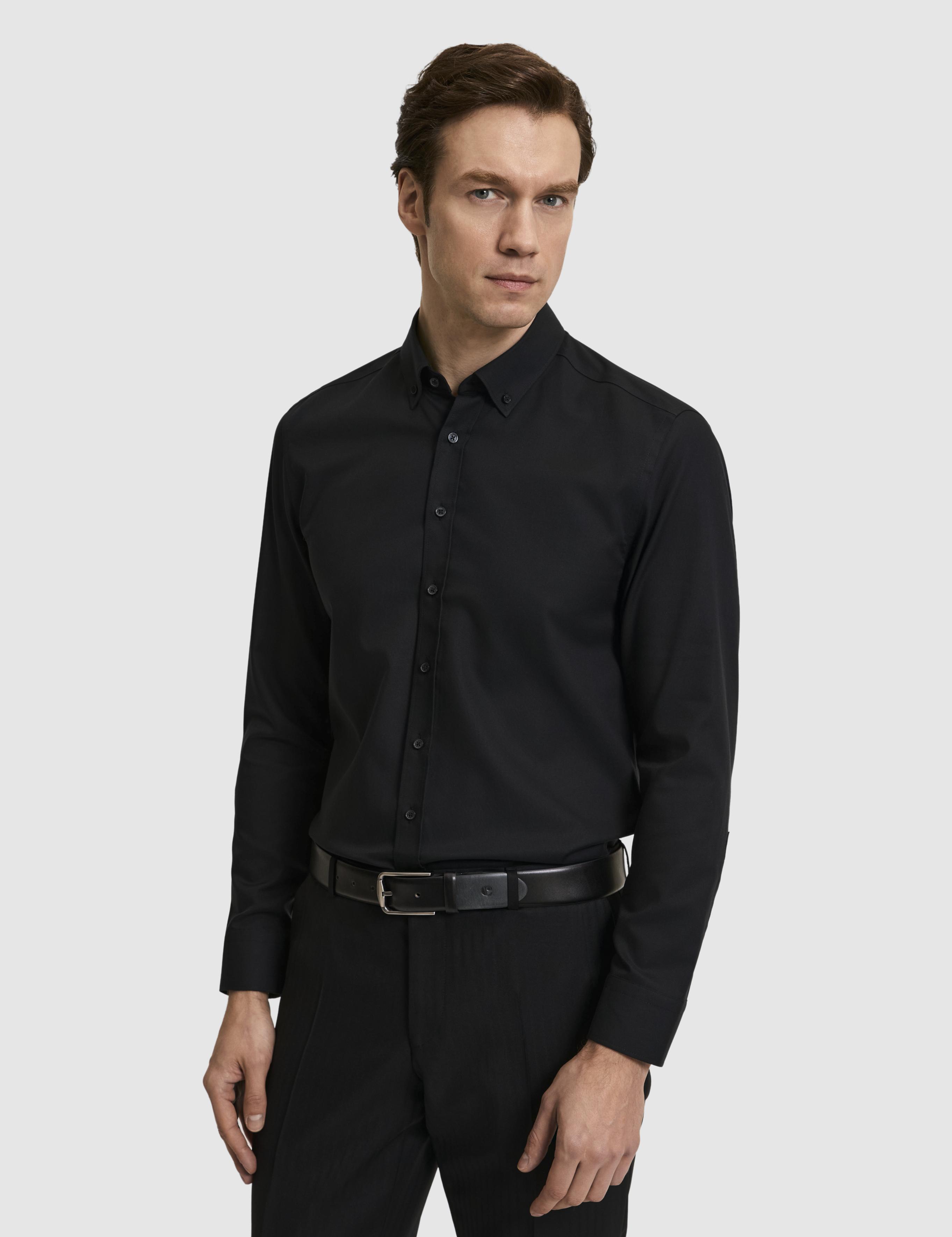 Siyah Slim Fit %100 Pamuk Yakası Düğmeli Oxford Gömlek - 50325041044