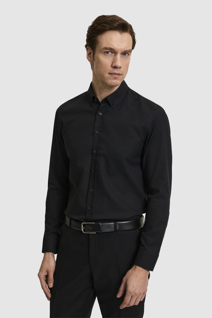 Siyah Slim Fit %100 Pamuk Yakası Düğmeli Oxford Gömlek - 50325041044