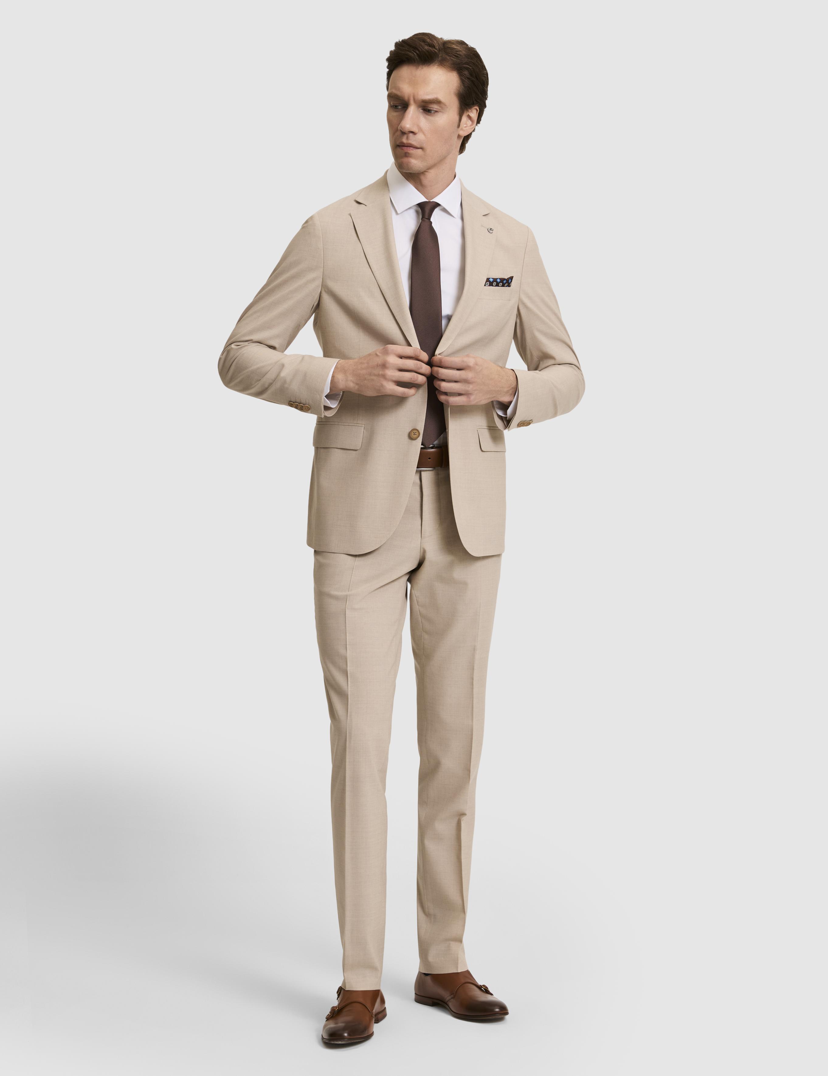 Bej Slim Fit Yün Karışımlı Mikro Desen Takım Elbise - 50320394005