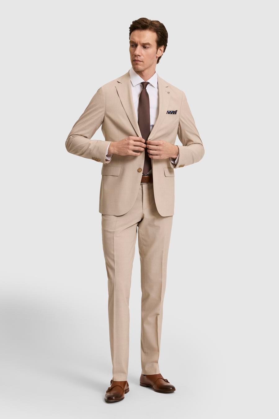 Bej Slim Fit Yün Karışımlı Mikro Desen Takım Elbise - 50320394005