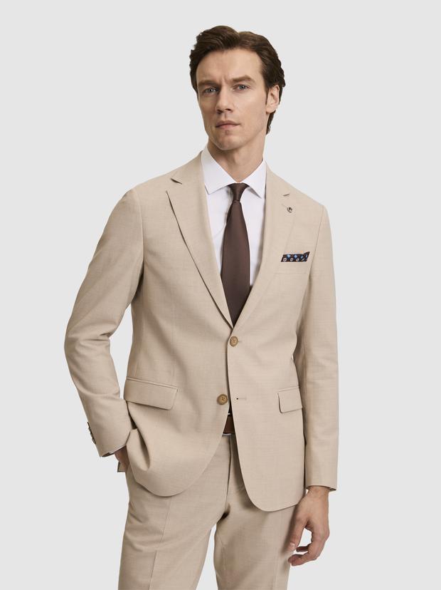 Bej Slim Fit Yün Karışımlı Mikro Desen Takım Elbise