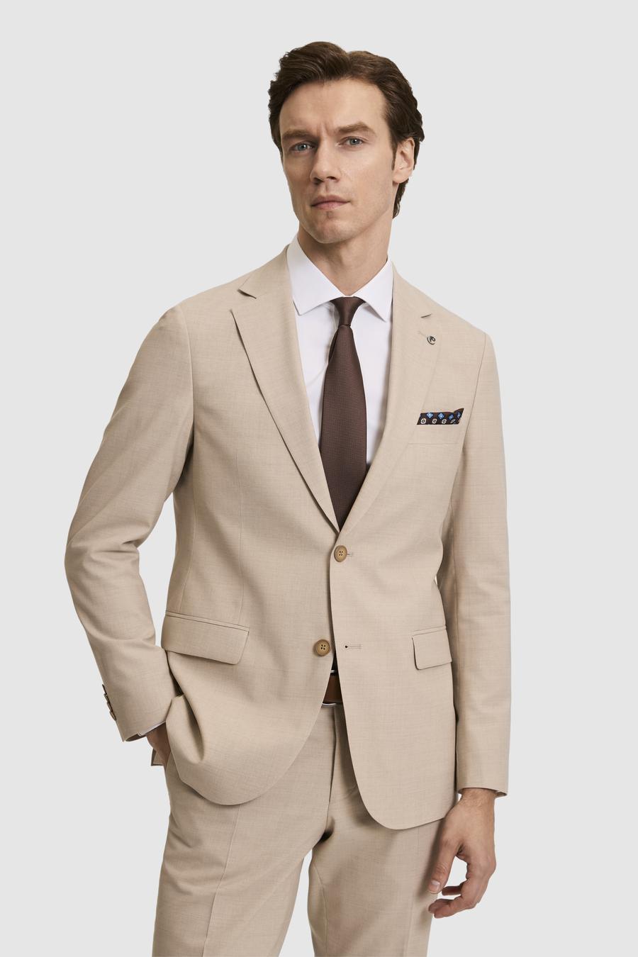 Bej Slim Fit Yün Karışımlı Mikro Desen Takım Elbise - 50320394005