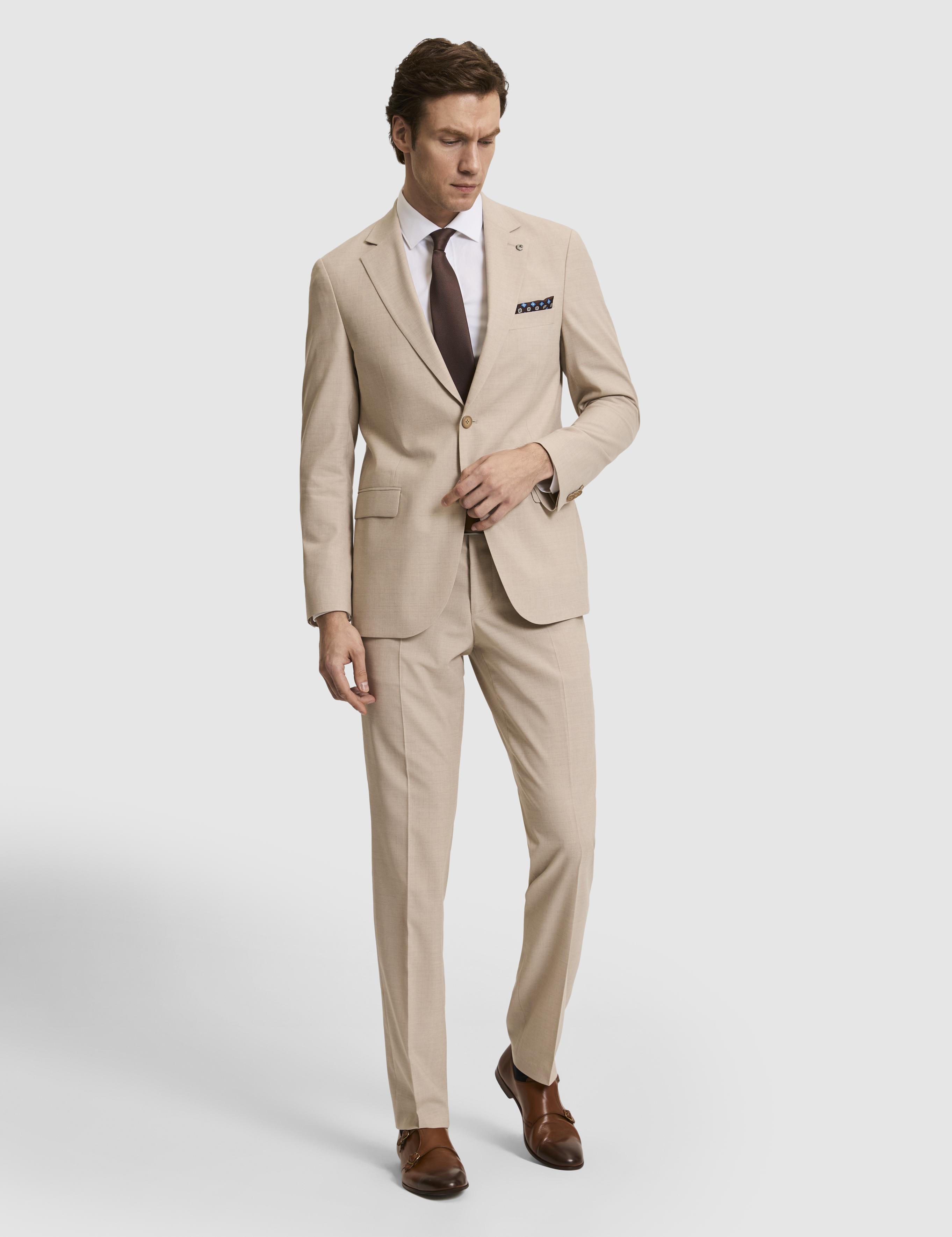 Bej Slim Fit Yün Karışımlı Mikro Desen Takım Elbise - 50320394005
