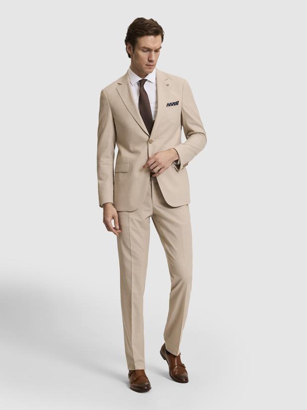 Bej Slim Fit Yün Karışımlı Mikro Desen Takım Elbise