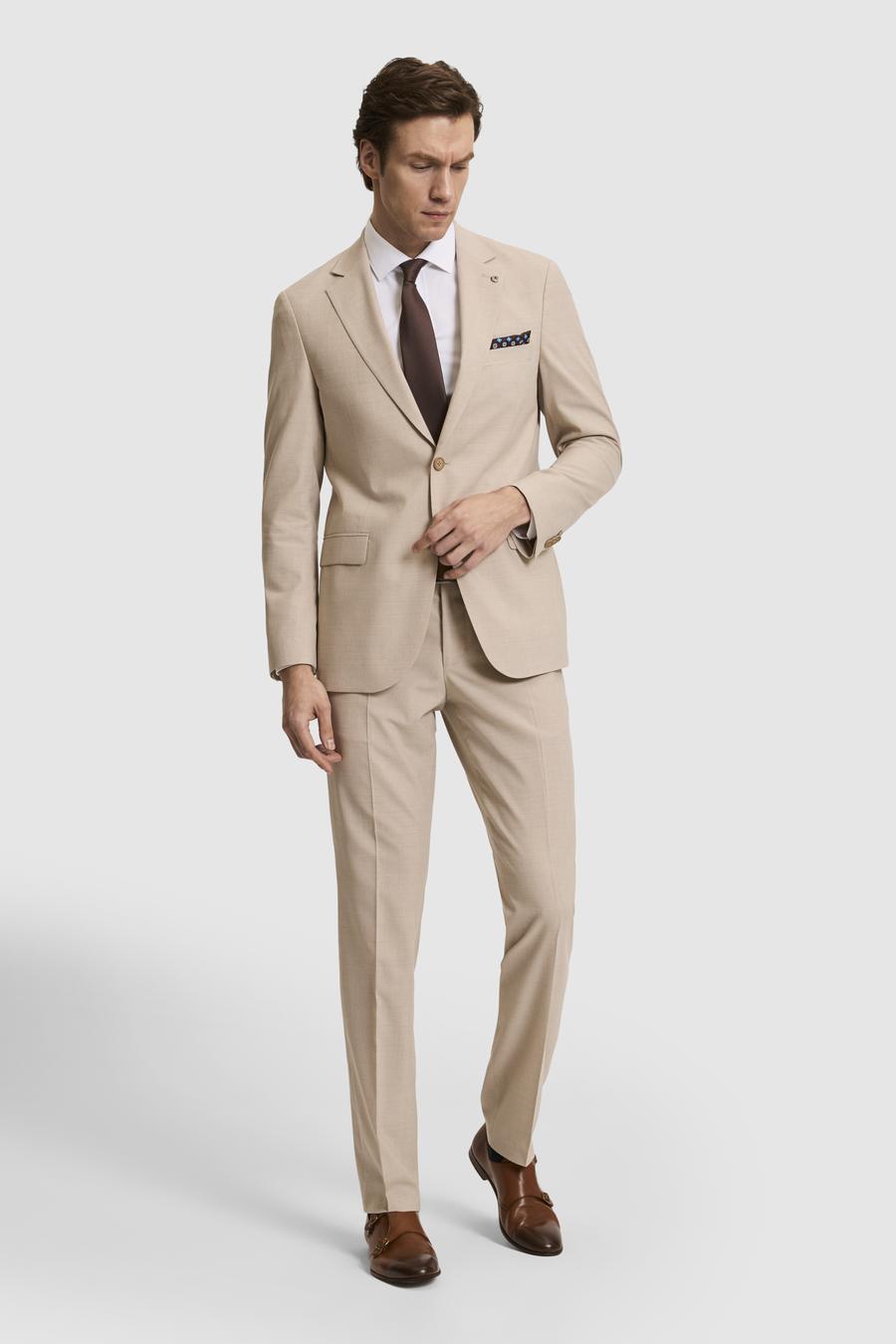Bej Slim Fit Yün Karışımlı Mikro Desen Takım Elbise - 50320394005