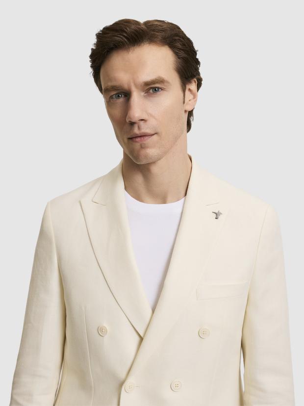 Beyaz Slim Fit Yün Keten Karışımlı Balıksırtı Kırlangıç Yaka Kruvaze Ceket