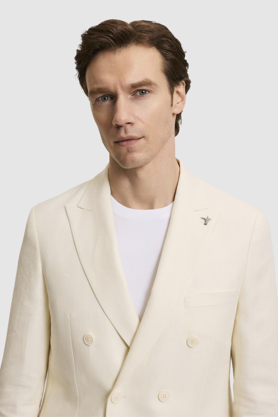 Beyaz Slim Fit Yün Keten Karışımlı Balıksırtı Kırlangıç Yaka Kruvaze Ceket - 50319112044