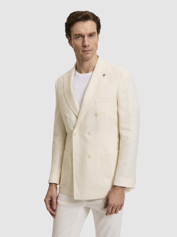 Beyaz Slim Fit Yün Keten Karışımlı Balıksırtı Kırlangıç Yaka Kruvaze Ceket