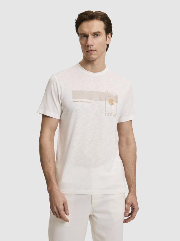 Beyaz Slim Fit Modal Karışımlı Bisiklet Yaka Desenli T-shirt
