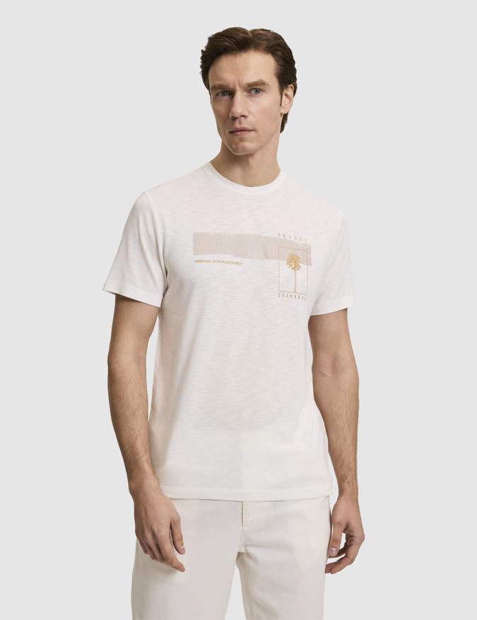 Beyaz Slim Fit Modal Karışımlı Bisiklet Yaka Desenli T-shirt