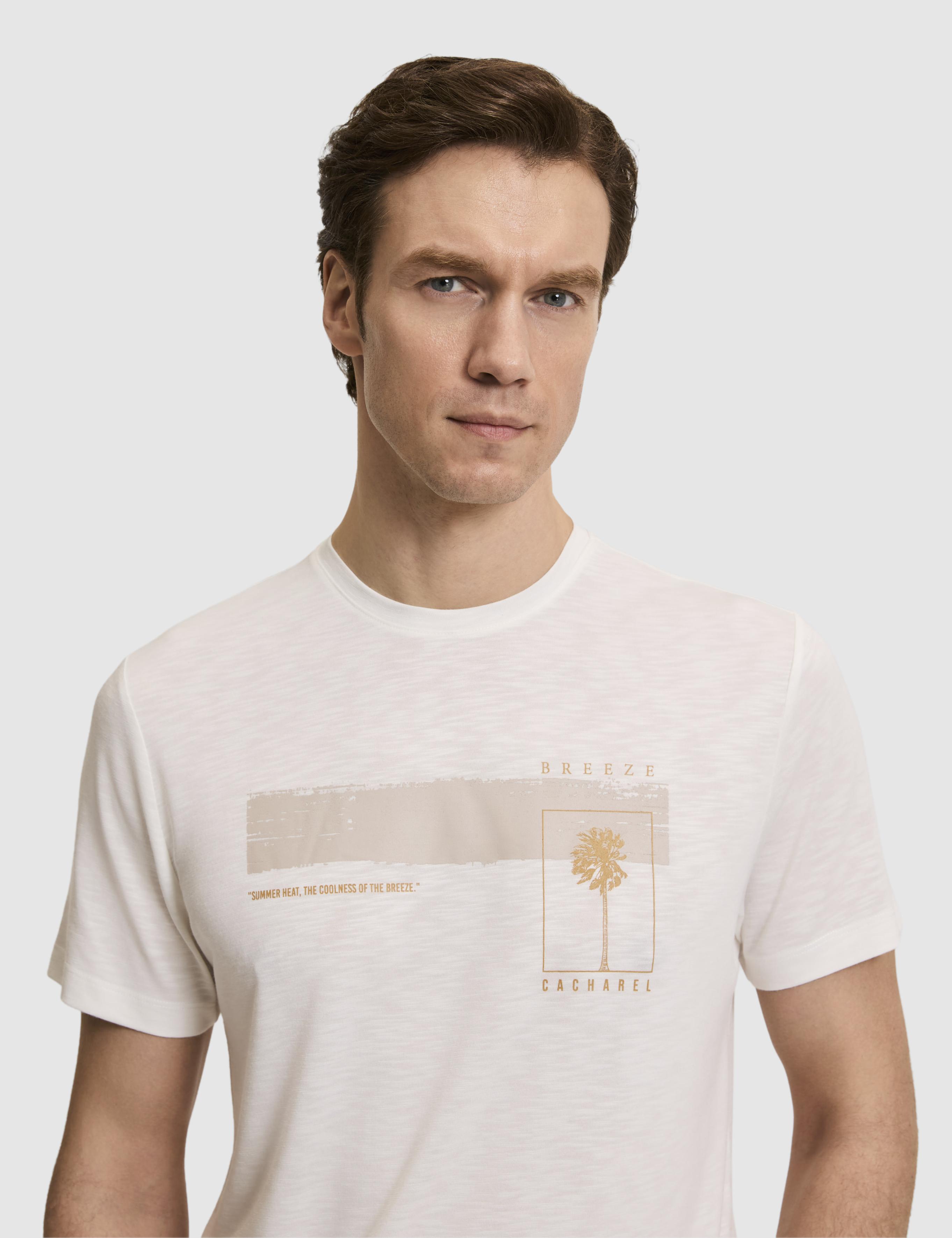 Beyaz Slim Fit Modal Karışımlı Bisiklet Yaka Desenli T-shirt - 50320551008