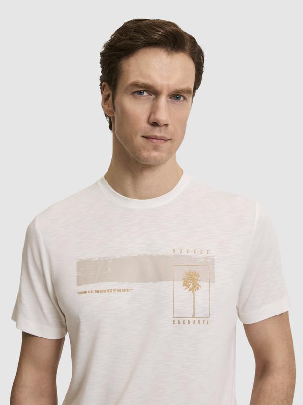 Beyaz Slim Fit Modal Karışımlı Bisiklet Yaka Desenli T-shirt