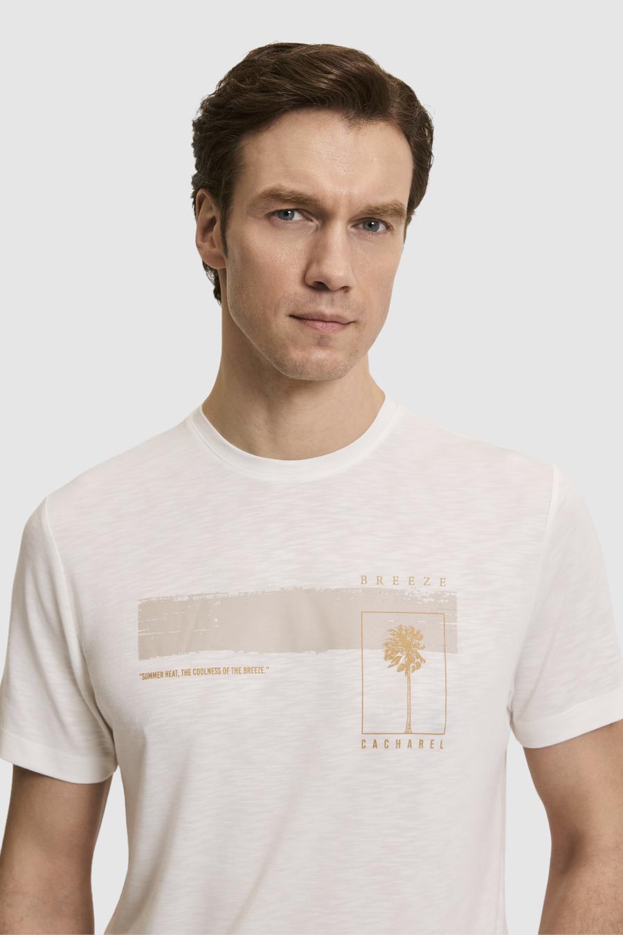 Beyaz Slim Fit Modal Karışımlı Bisiklet Yaka Desenli T-shirt - 50320551008