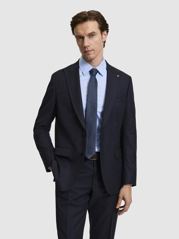 Lacivert Slim Fit %100 Yün Çizgili Takım Elbise