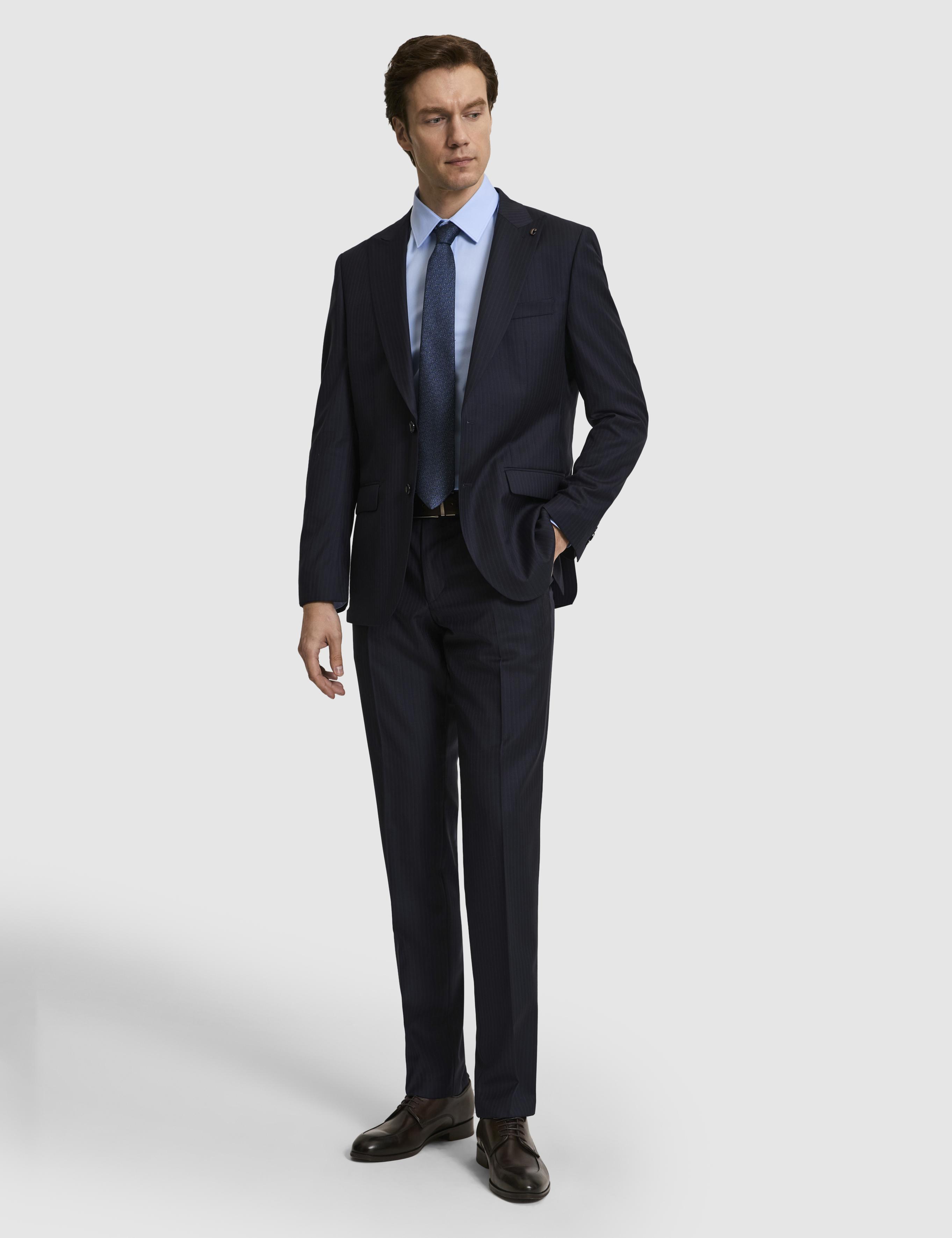 Lacivert Slim Fit %100 Yün Çizgili Takım Elbise - 50319152011