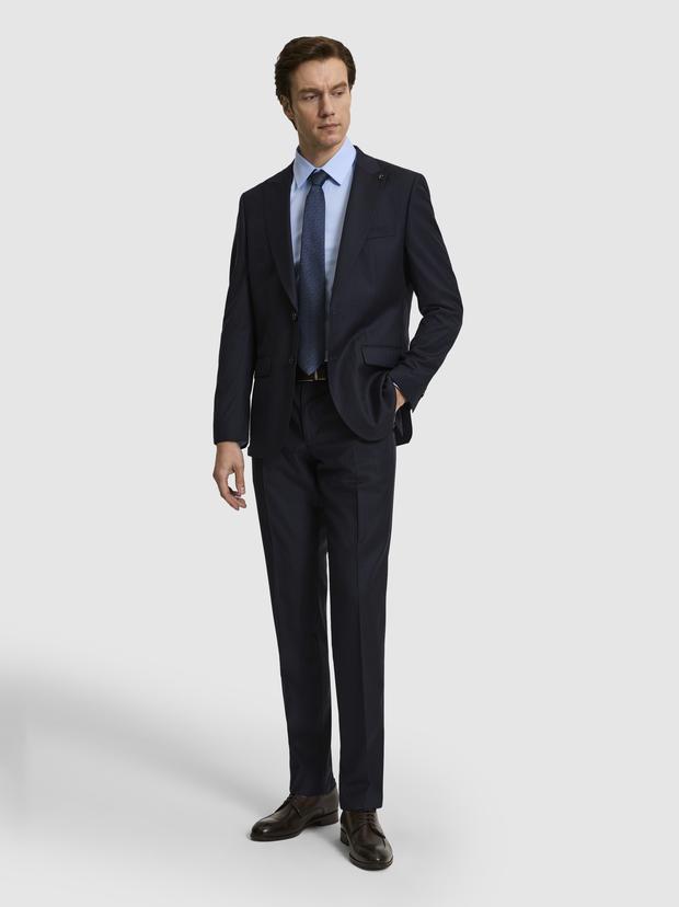 Lacivert Slim Fit %100 Yün Çizgili Takım Elbise