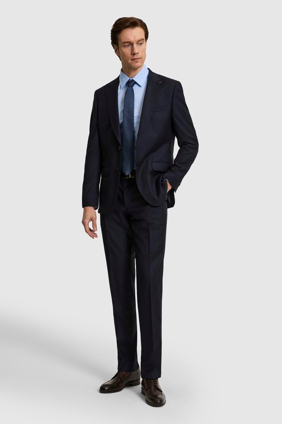 Lacivert Slim Fit %100 Yün Çizgili Takım Elbise - 50319152011