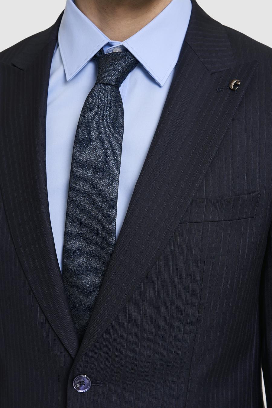 Lacivert Slim Fit %100 Yün Çizgili Takım Elbise - 50319152011