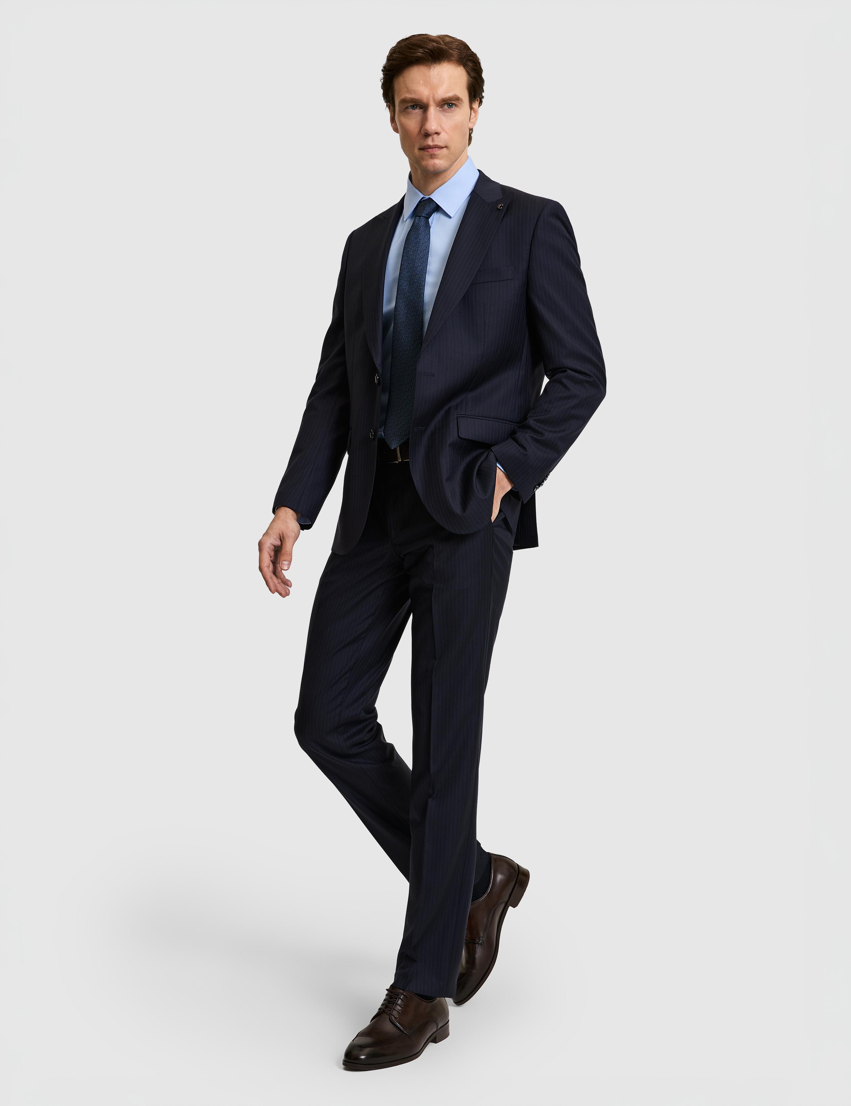 Lacivert Slim Fit %100 Yün Çizgili Takım Elbise - 50319152011