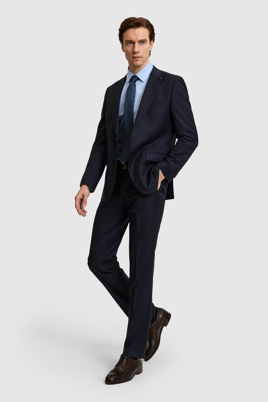 Lacivert Slim Fit %100 Yün Çizgili Takım Elbise - 50319152011
