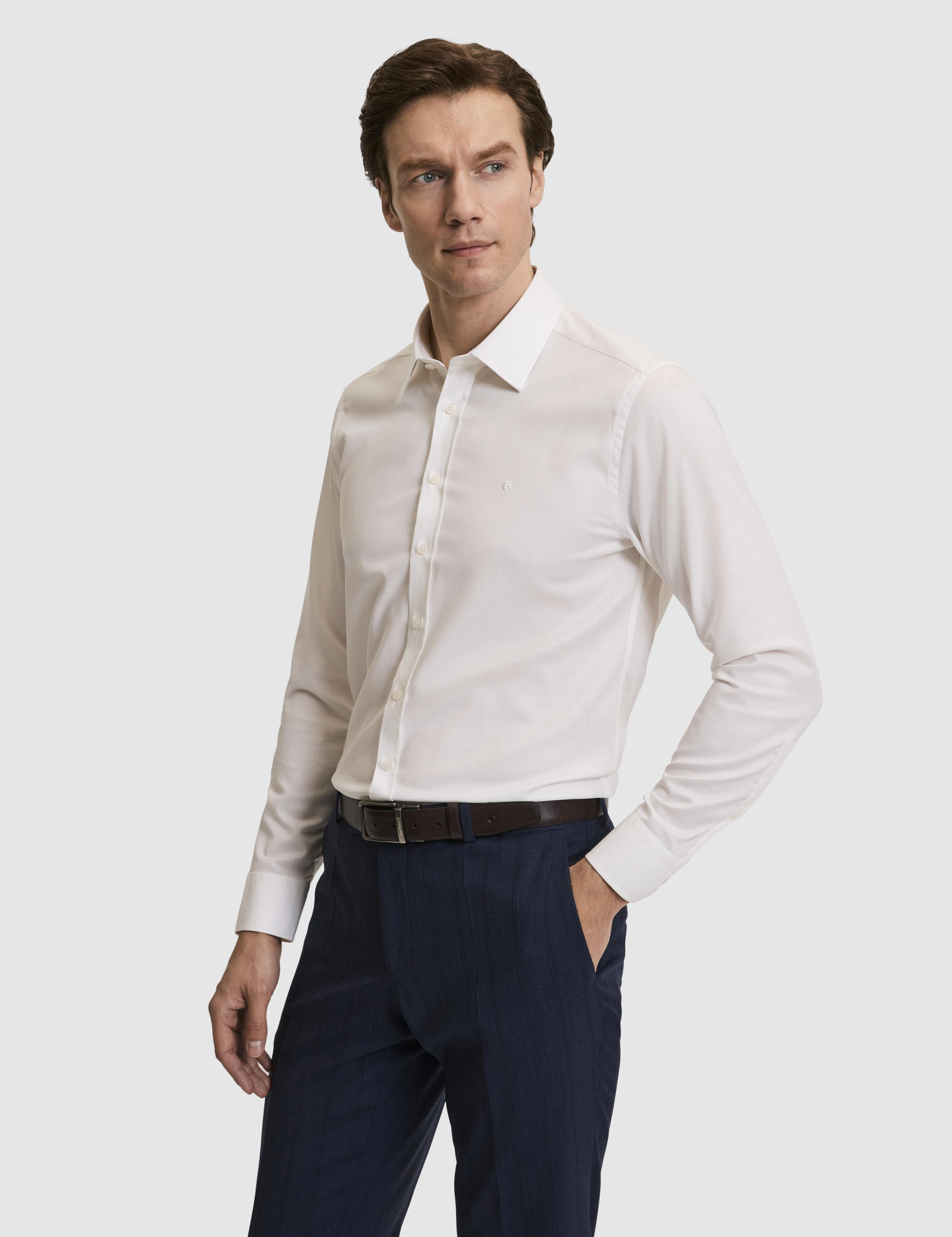 Ekru Slim Fit Liyosel Pamuk Karışımlı Klasik Yaka Armürlü Gömlek - 50319147023