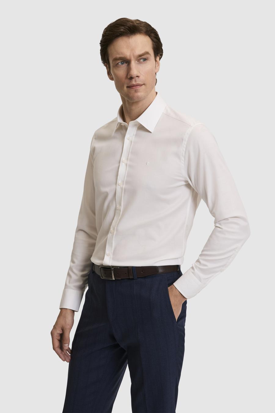 Ekru Slim Fit Liyosel Pamuk Karışımlı Klasik Yaka Armürlü Gömlek - 50319147023