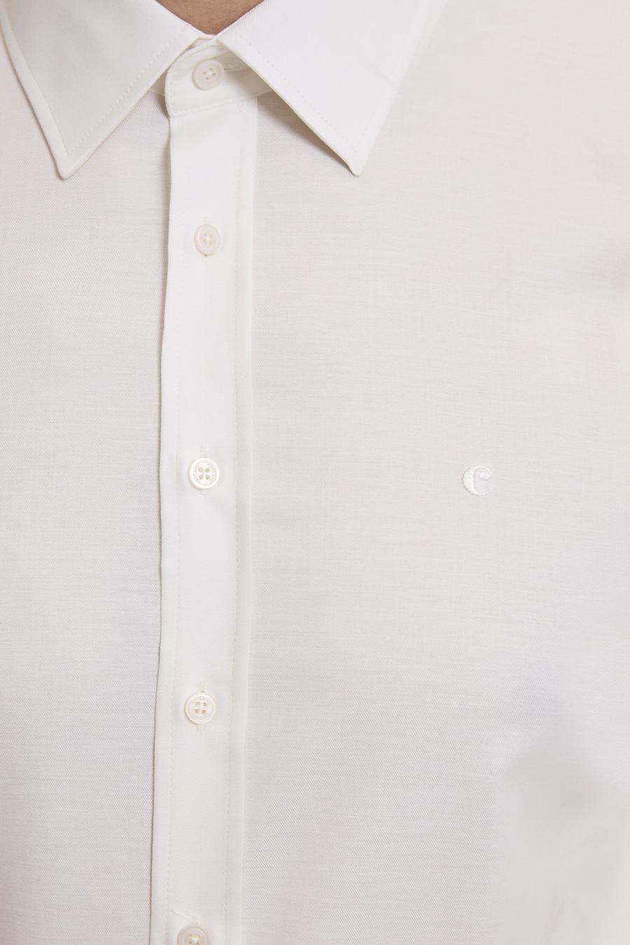 Ekru Slim Fit Liyosel Pamuk Karışımlı Klasik Yaka Armürlü Gömlek - 50319147023