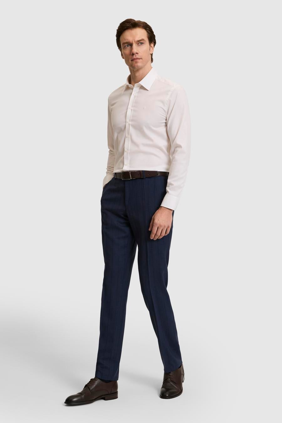Ekru Slim Fit Liyosel Pamuk Karışımlı Klasik Yaka Armürlü Gömlek - 50319147023