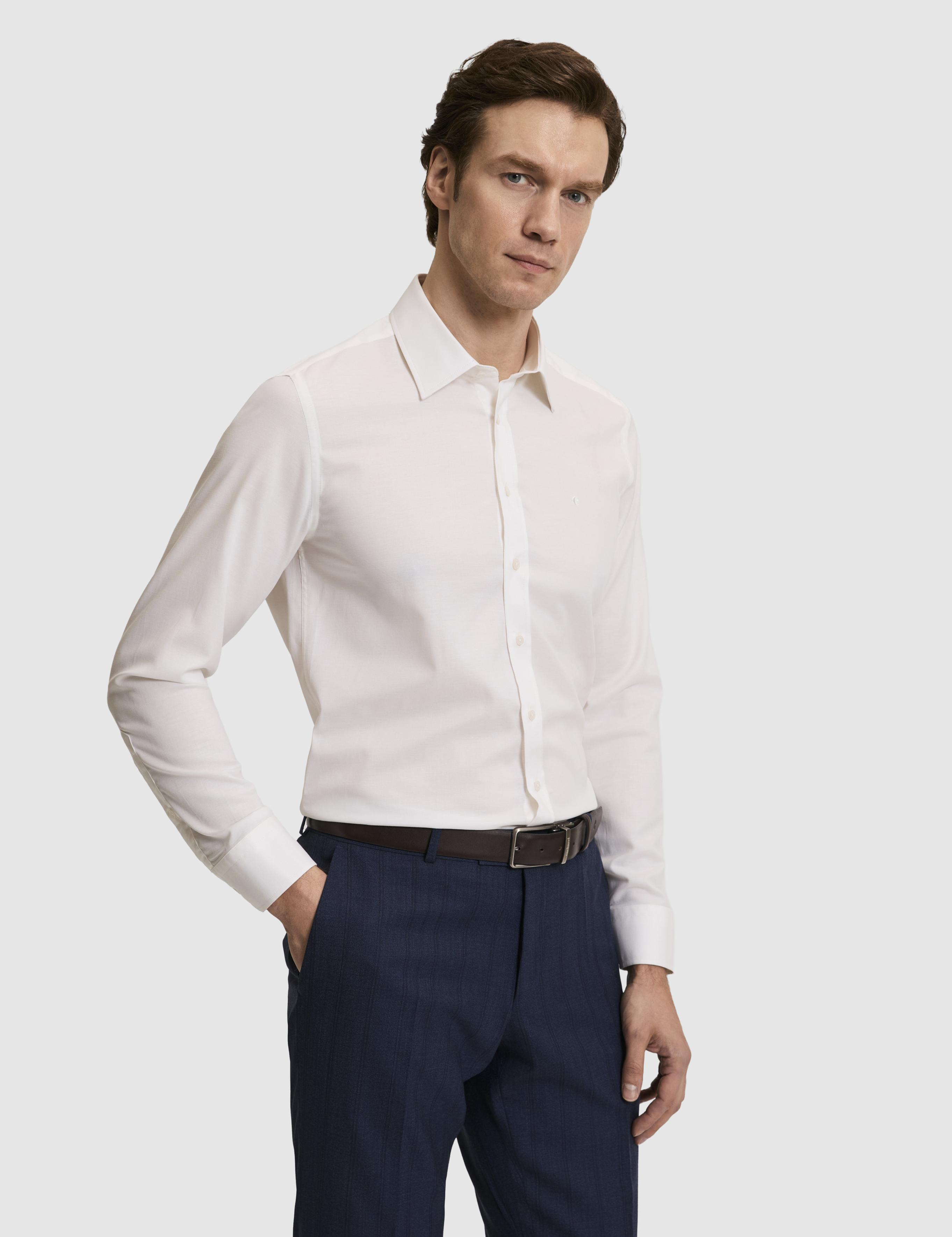 Ekru Slim Fit Liyosel Pamuk Karışımlı Klasik Yaka Armürlü Gömlek - 50319147023