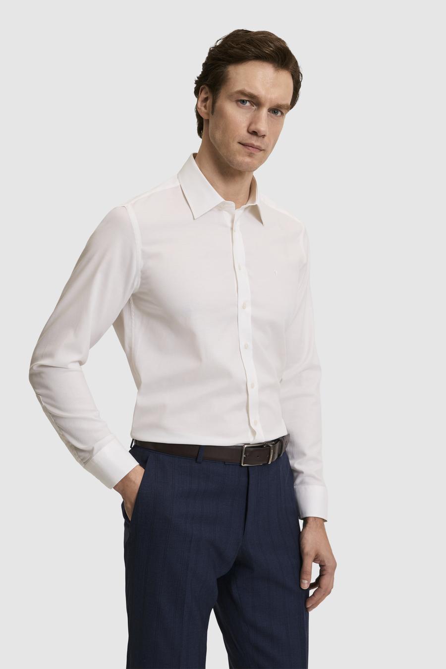 Ekru Slim Fit Liyosel Pamuk Karışımlı Klasik Yaka Armürlü Gömlek - 50319147023