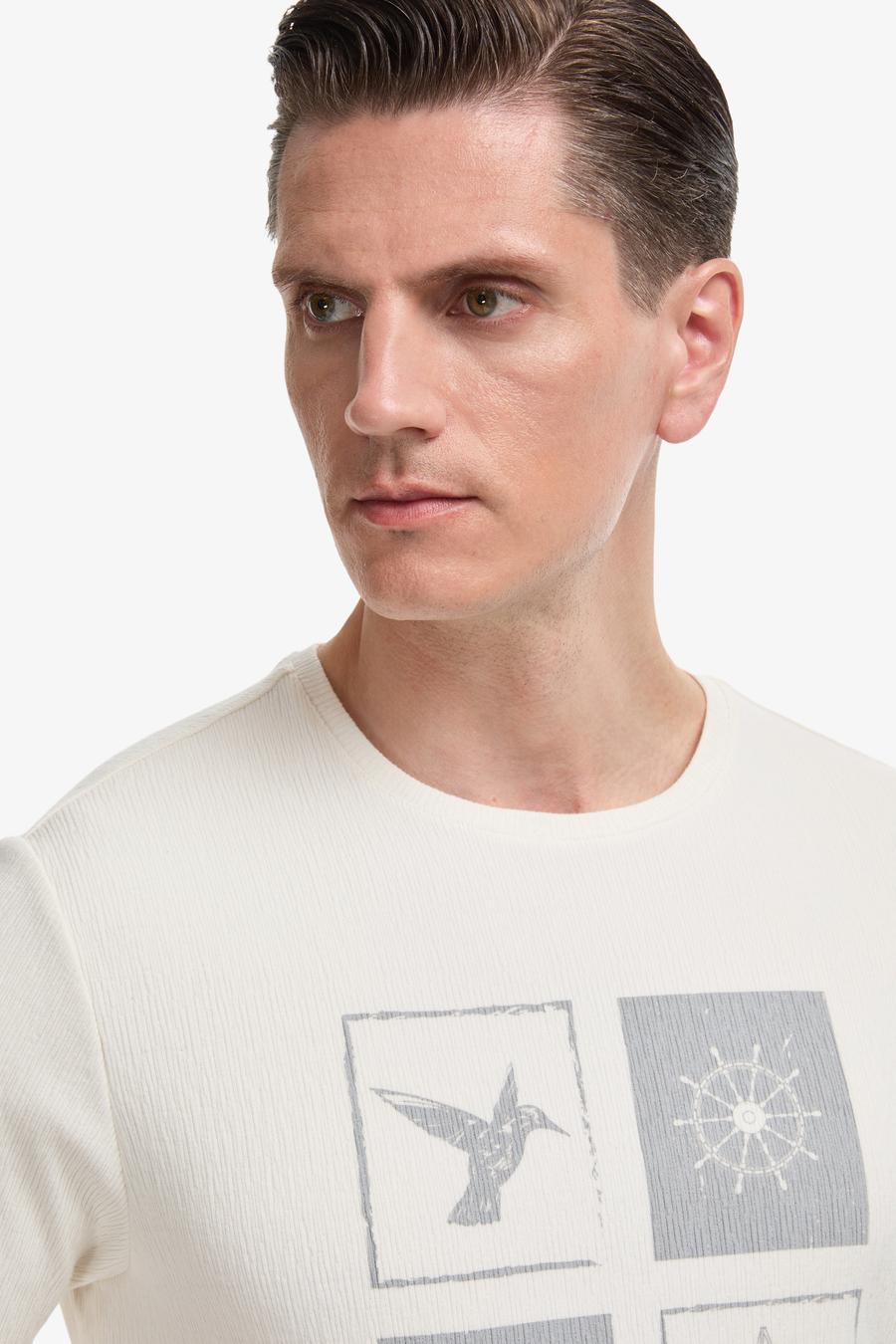 Beyaz Regular Fit Pamuk Karışımlı Bisiklet Yaka Desenli T-shirt - 50320529019