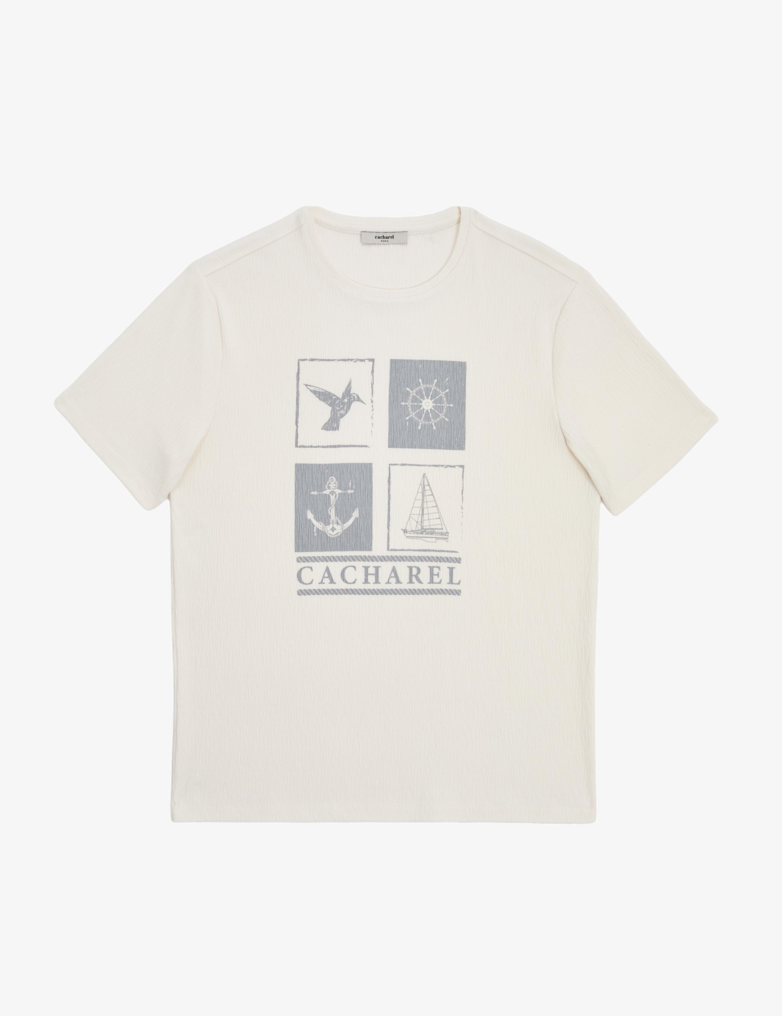 Beyaz Regular Fit Pamuk Karışımlı Bisiklet Yaka Desenli T-shirt - 50320529019