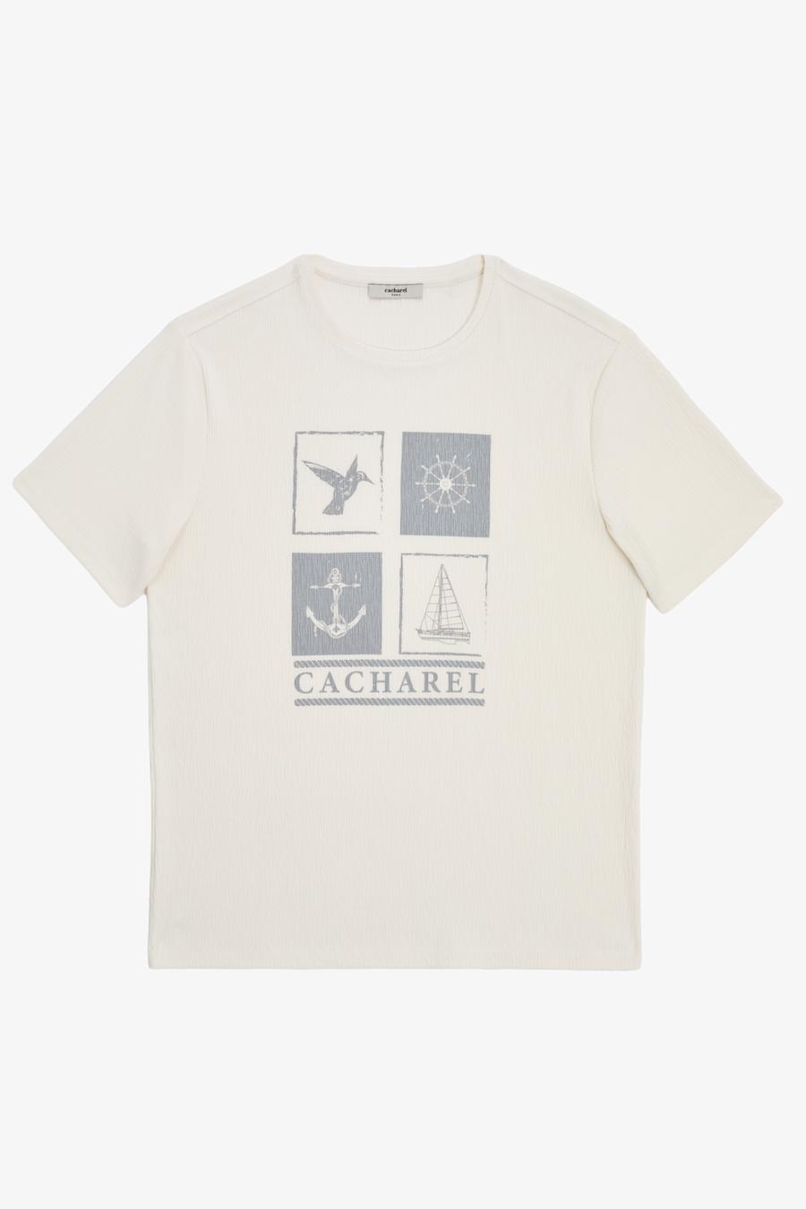 Beyaz Regular Fit Pamuk Karışımlı Bisiklet Yaka Desenli T-shirt - 50320529019