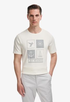 Beyaz Regular Fit Pamuk Karışımlı Bisiklet Yaka Desenli T-shirt