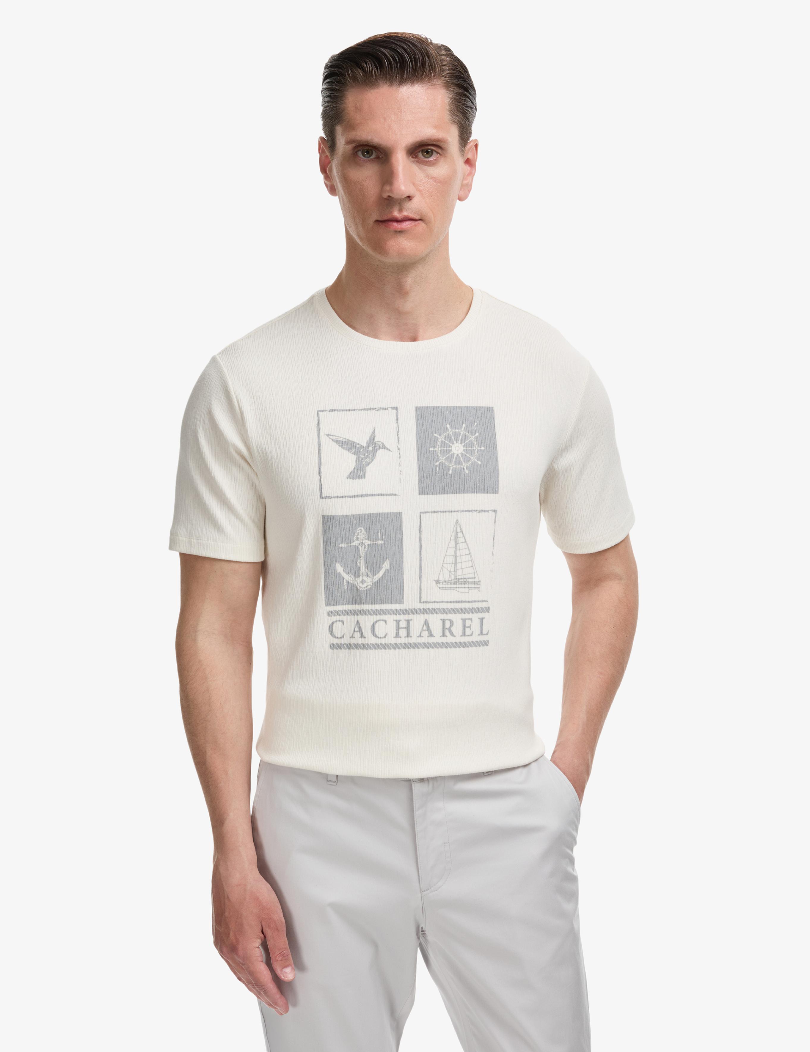 Beyaz Regular Fit Pamuk Karışımlı Bisiklet Yaka Desenli T-shirt - 50320529019