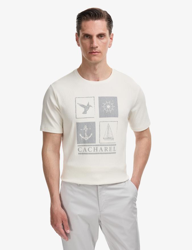 Beyaz Regular Fit Pamuk Karışımlı Bisiklet Yaka Desenli T-shirt