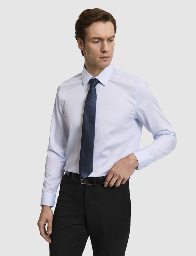 Açık Mavi Slim Fit %100 Pamuk Klasik Yaka Non Iron Gömlek