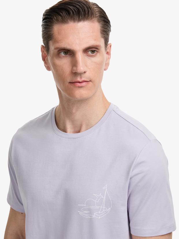 Lila Slim Fit Pamuk Karışımlı Bisiklet Yaka Baskılı T-shirt