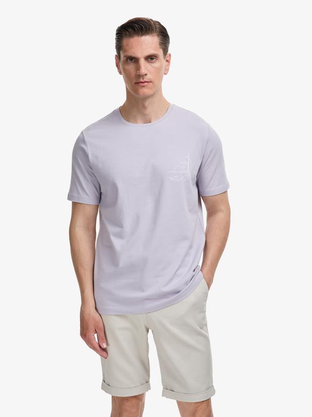 Lila Slim Fit Pamuk Karışımlı Bisiklet Yaka Baskılı T-shirt
