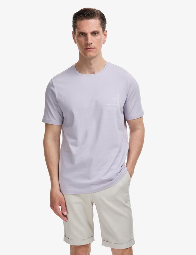 Lila Slim Fit Pamuk Karışımlı Bisiklet Yaka Baskılı T-shirt