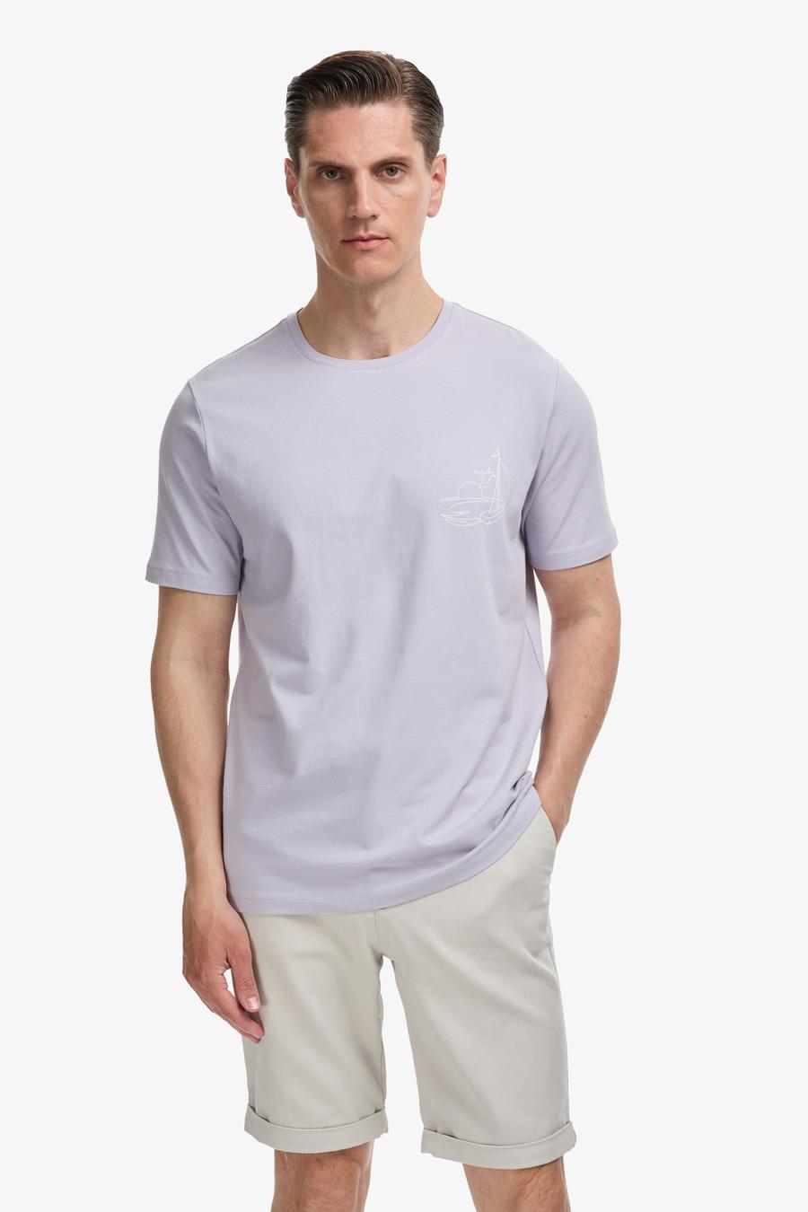 Lila Slim Fit Pamuk Karışımlı Bisiklet Yaka Baskılı T-shirt - 50320554034