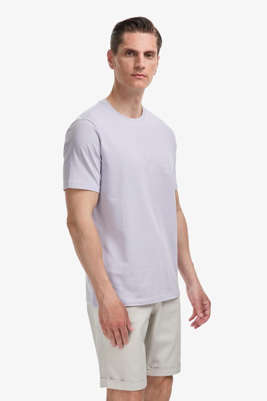 Lila Slim Fit Pamuk Karışımlı Bisiklet Yaka Baskılı T-shirt - 50320554034