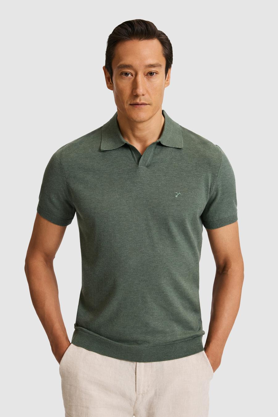 Koyu Yeşil Slim Fit Apaş Yaka Modal Karışımlı Triko T-shirt - 50324008052