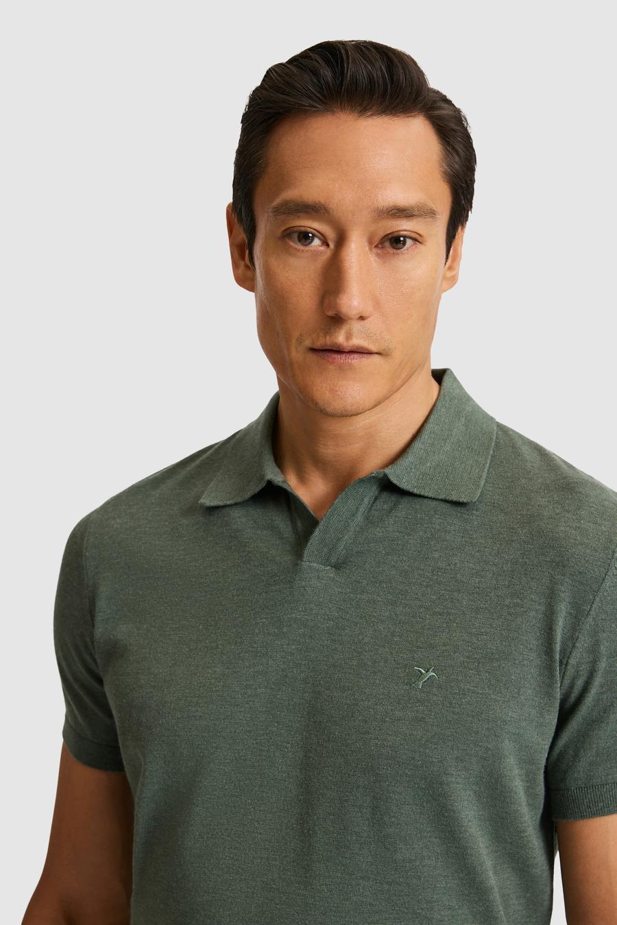 Koyu Yeşil Slim Fit Apaş Yaka Modal Karışımlı Triko T-shirt - 50324008052